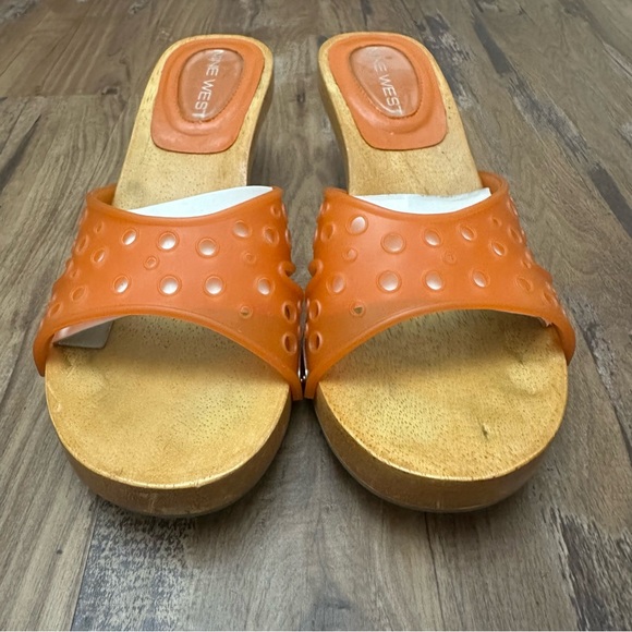 VTG Y2K 90s Funky Orange Polka Dot Chunky Wooden Look Sandal Kitten Heels - Picture 4 of 9